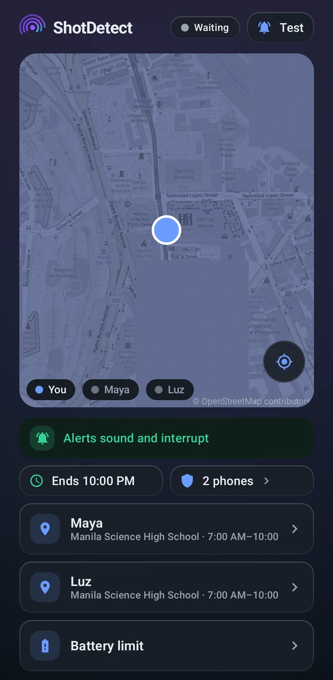 A guardian's home screen: the campus on a map, a note that alerts sound and interrupt, the hours of cover, and the two paired phones listed with their school and window.