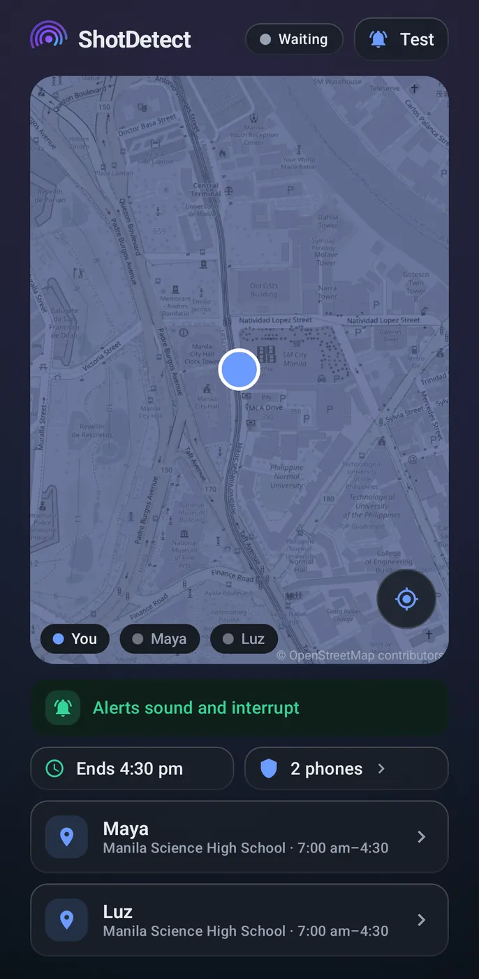 A guardian's home screen: the campus on a map, a note that alerts sound and interrupt, the hours of cover, and the two paired phones listed with their school and window.