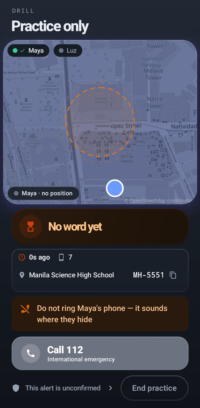 A guardian's alert during a drill, badged practice only: the campus mapped with a ring where the sound was placed, a count of the phones reporting, a warning not to ring the student's phone, and a note that the alert is unconfirmed.