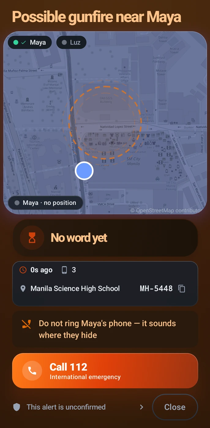 A guardian's alert: possible gunfire near a named student, the campus mapped with a ring where the sound was placed, a count of the phones that reported it, a warning not to ring the student's phone, and a note that the alert is unconfirmed.