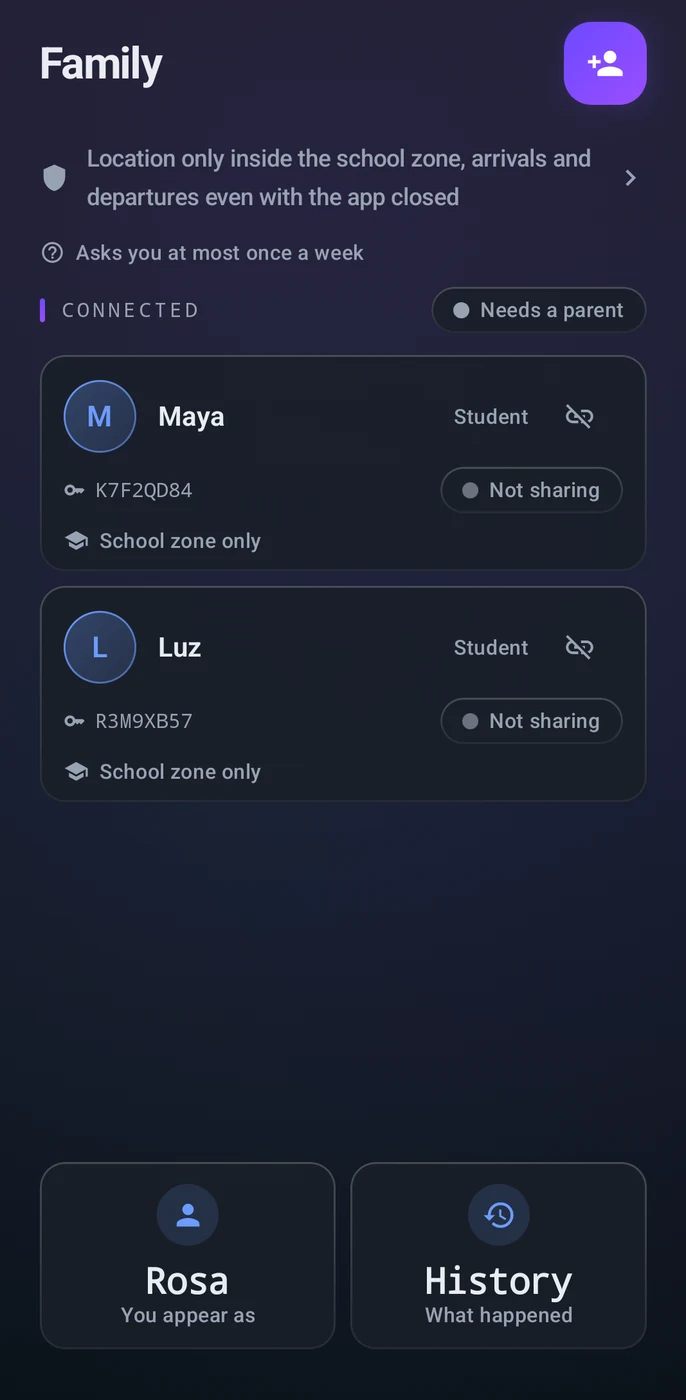 A guardian's roster: a note that location is shared only inside the school zone, and each paired student listed as school zone only and not currently sharing.