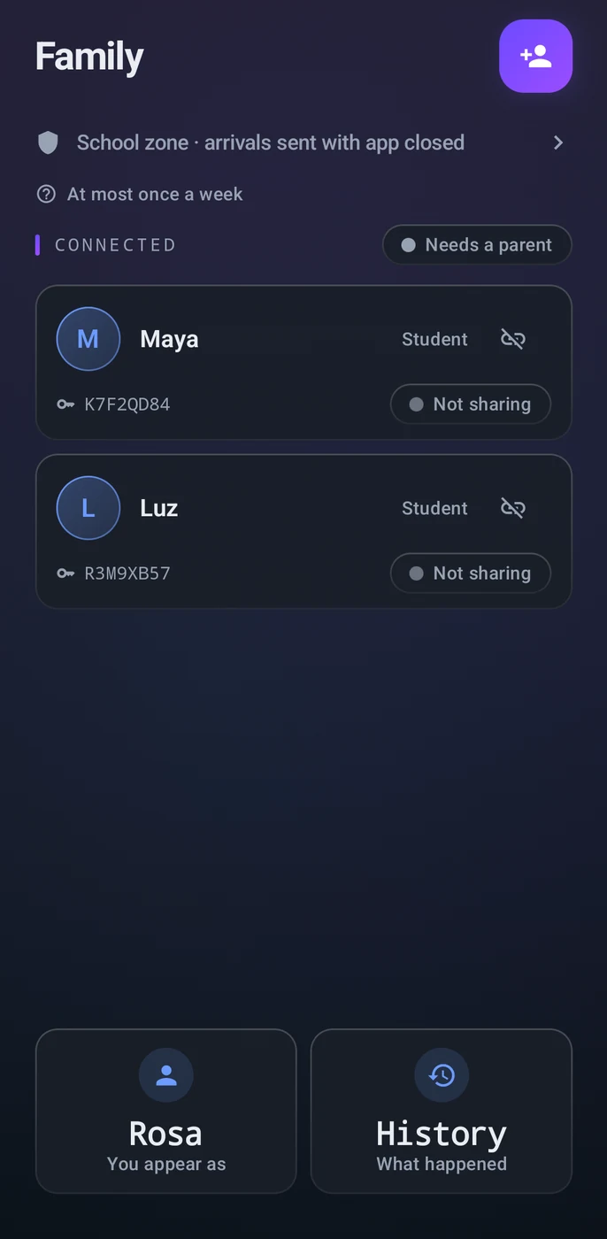 A guardian's roster: a note that location is shared only inside the school zone, and each paired student listed as school zone only and not currently sharing.